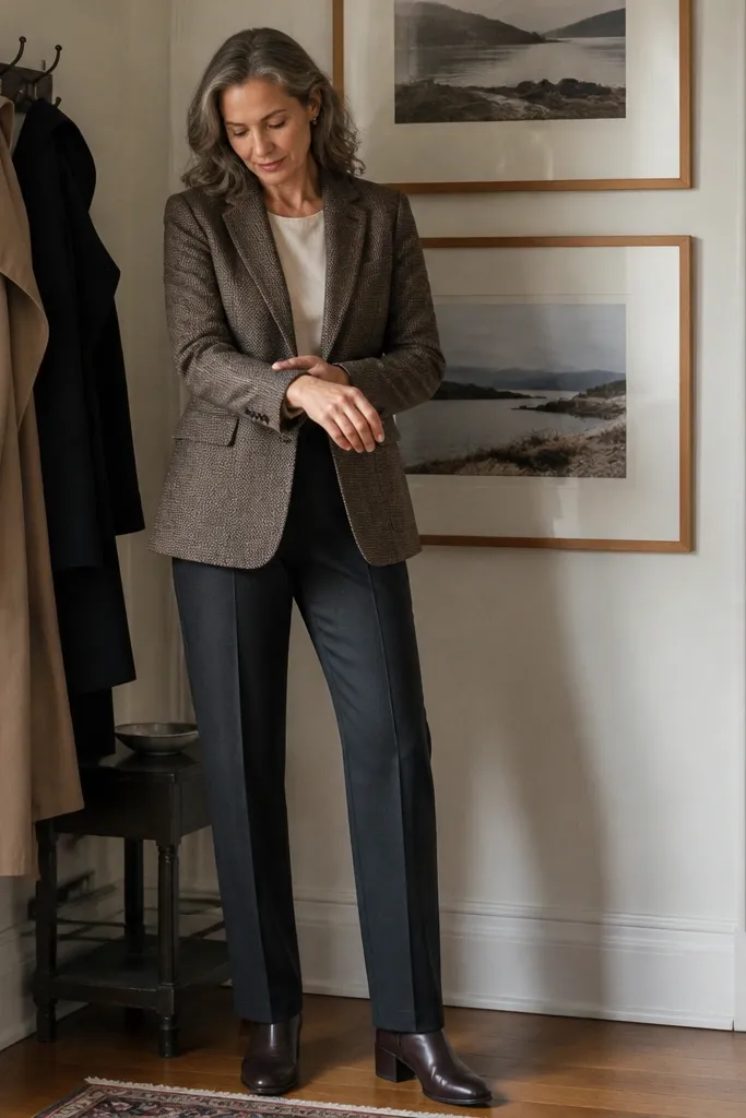 Brown tweed blazer over cream tee with dark straight trousers