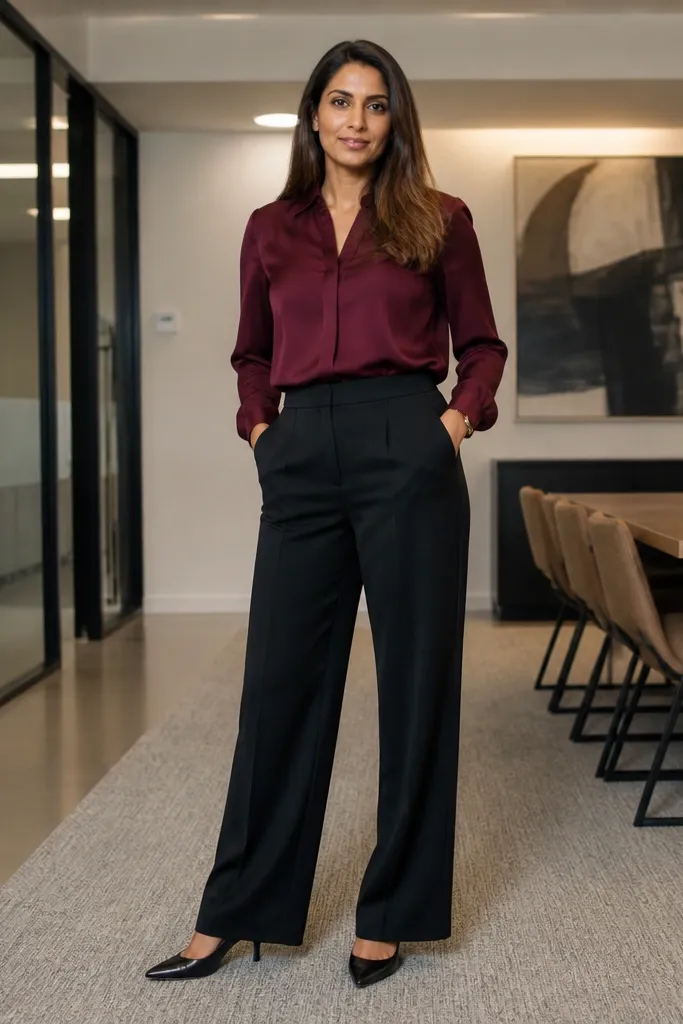 Burgundy blouse with black wide-leg trousers and low heels