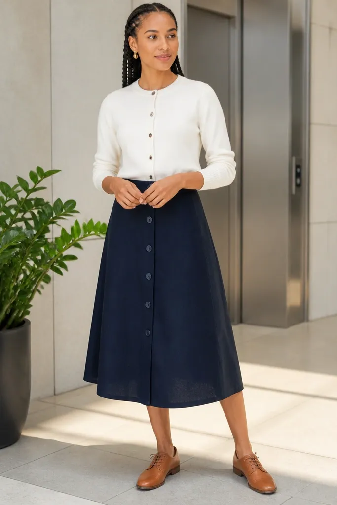 Navy button-front midi skirt with white cardigan and tan oxfords