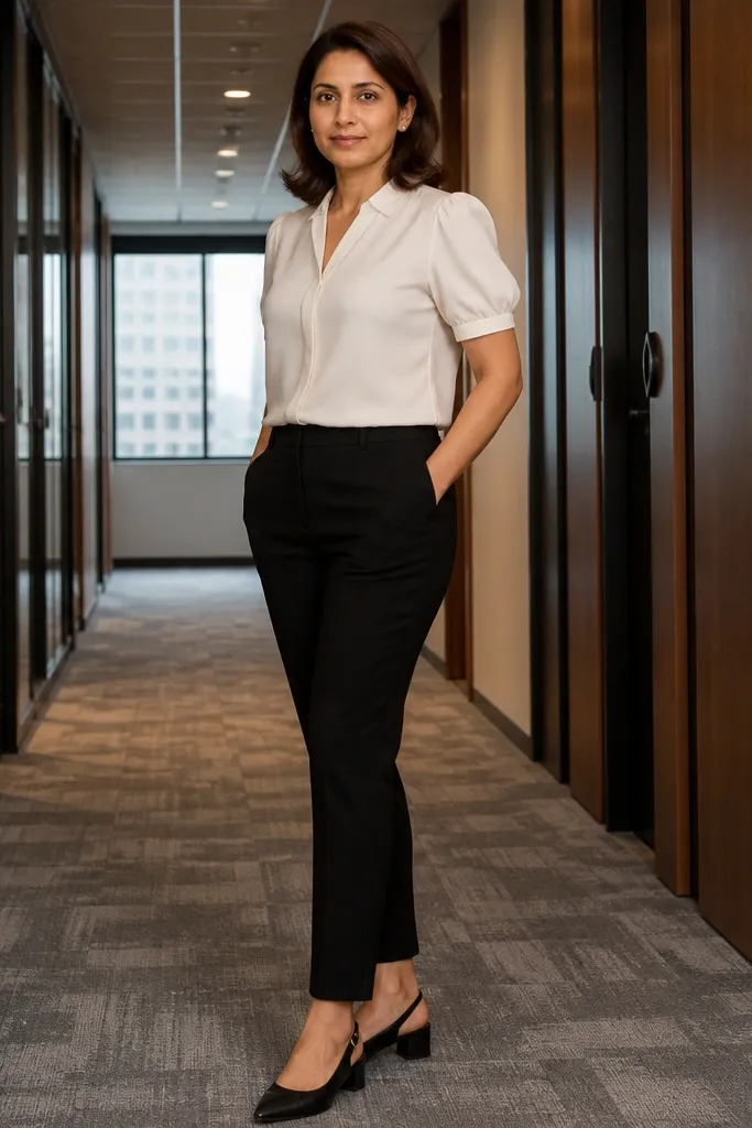 Cream puff-sleeve blouse with black ankle trousers and black slingbacks
