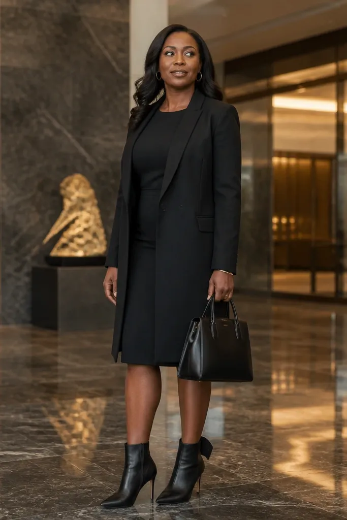 Black sleeveless sheath with long open-front blazer and heeled boots