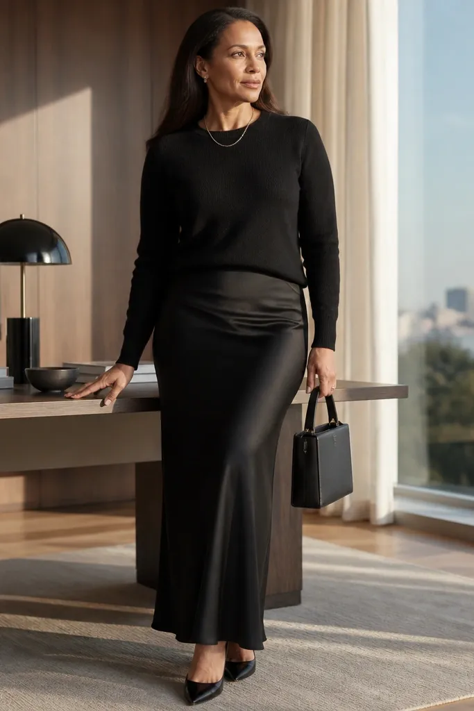 Black satin skirt with black knit top and silver jewelry