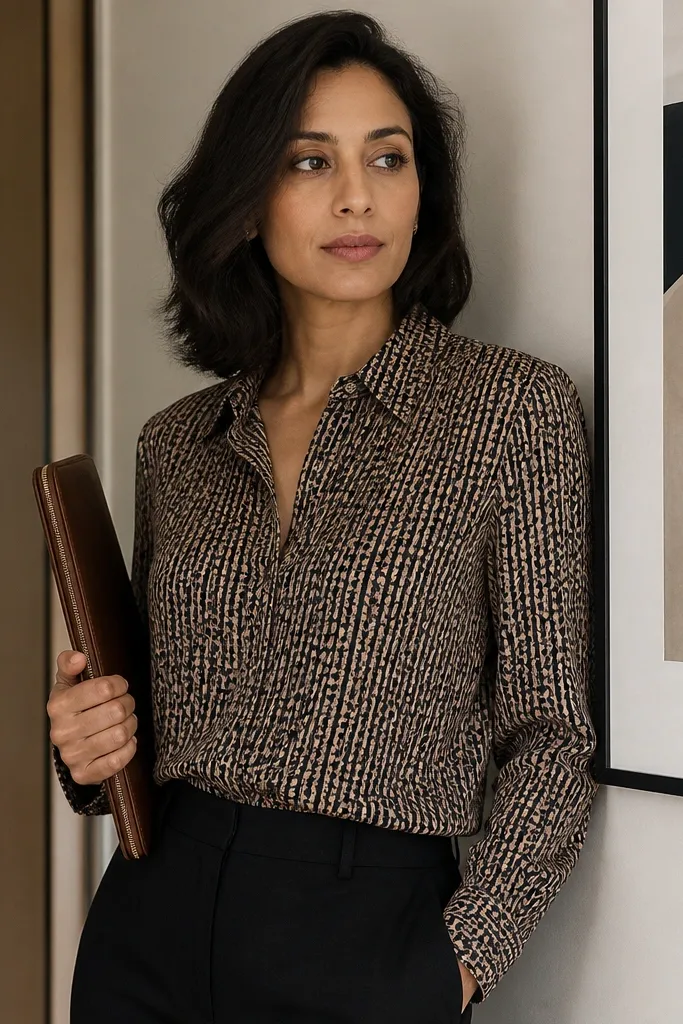 Patterned micro-pleat blouse with black trousers