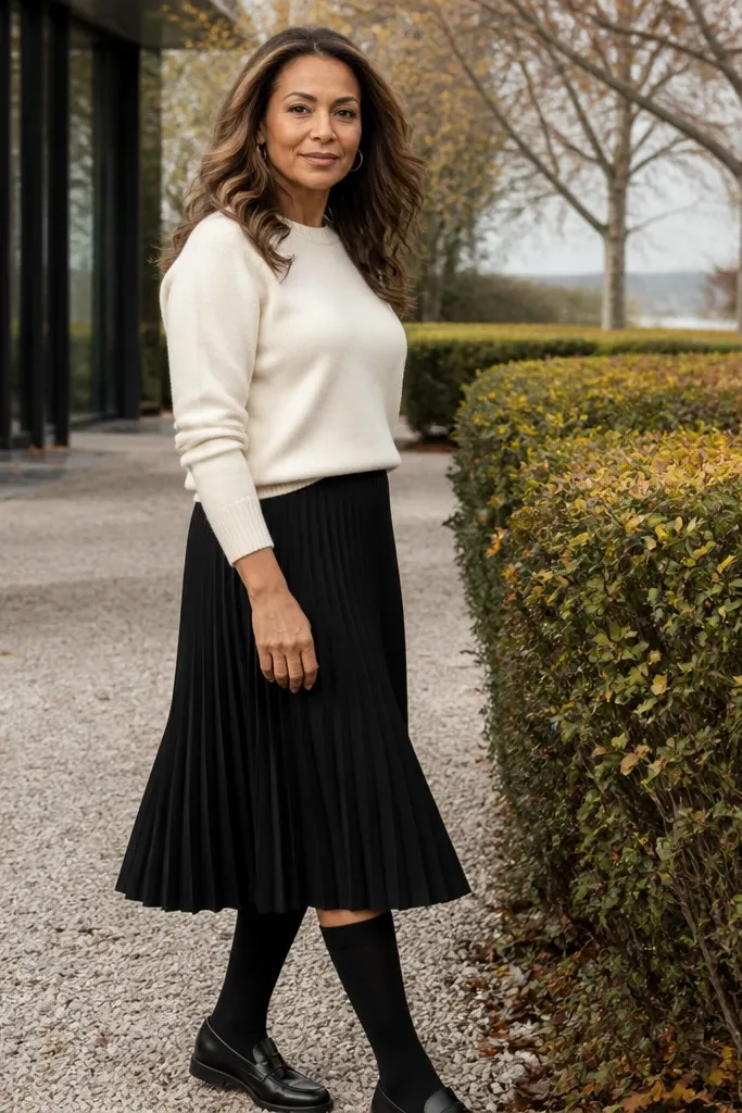 Black pleated midi skirt with cream sweater and knee-high socks