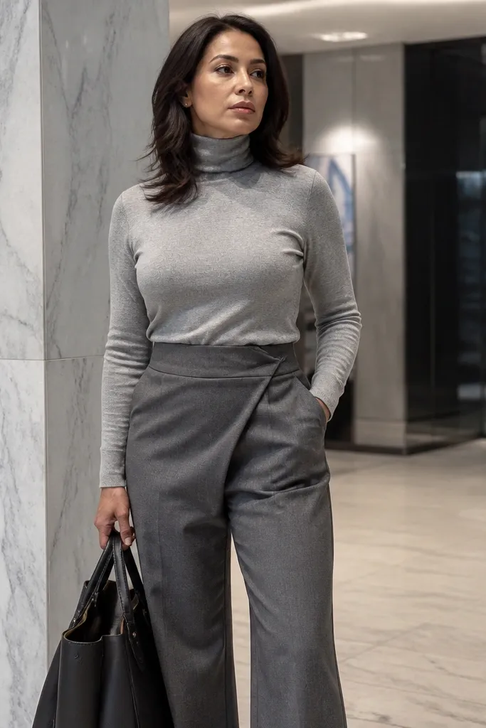 Gray wrap-style trousers with fitted turtleneck and structured tote