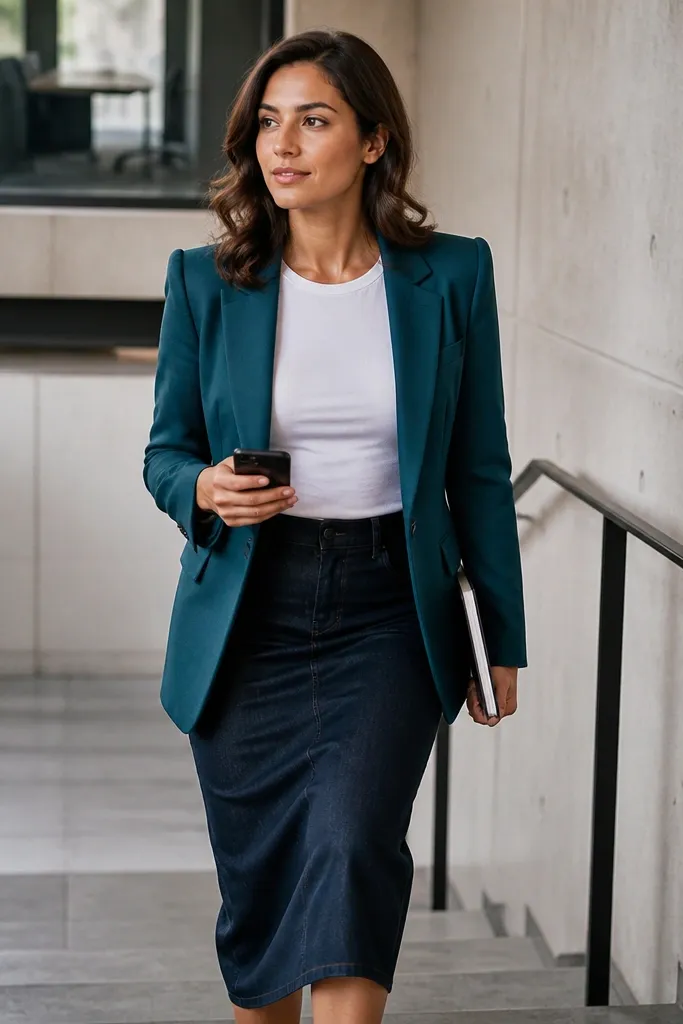 Teal blazer over white tee with dark denim midi skirt