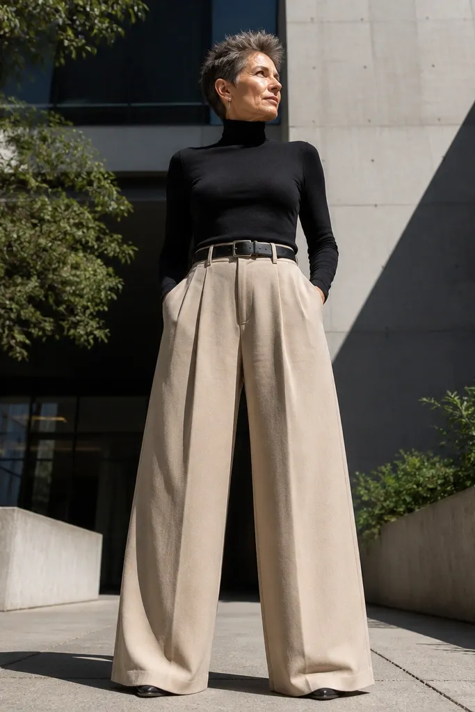 Black turtleneck with beige wide-leg pants and black belt