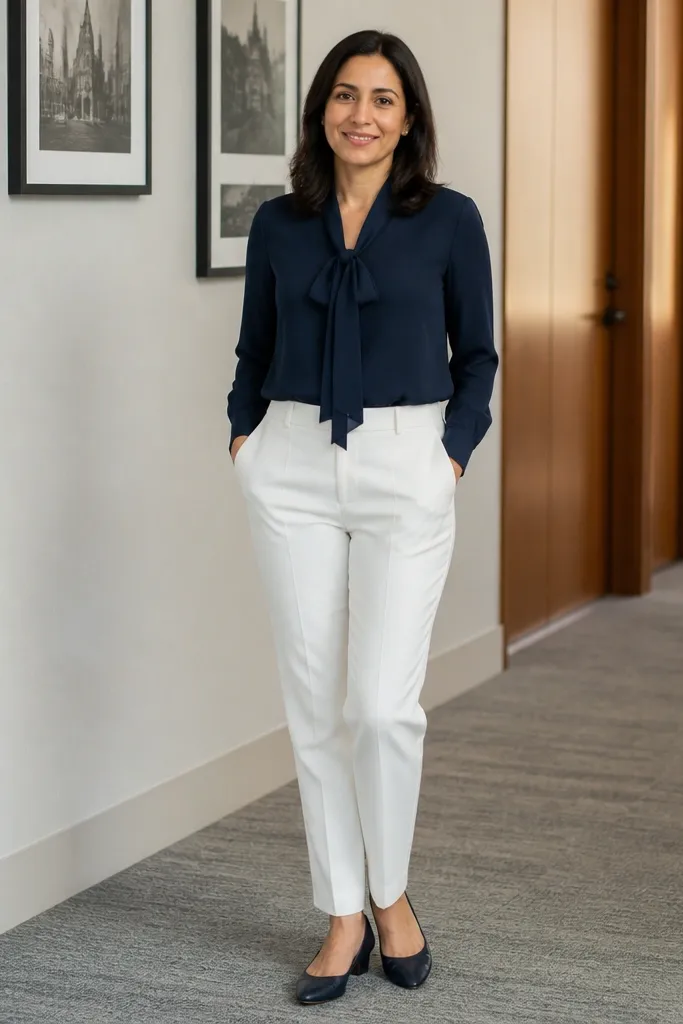 Navy bow-tie blouse with white trousers and navy flats