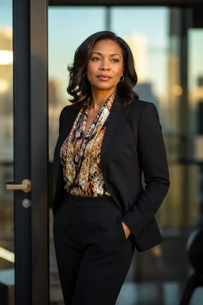 Black blazer over a scarf-style top with slim black pants