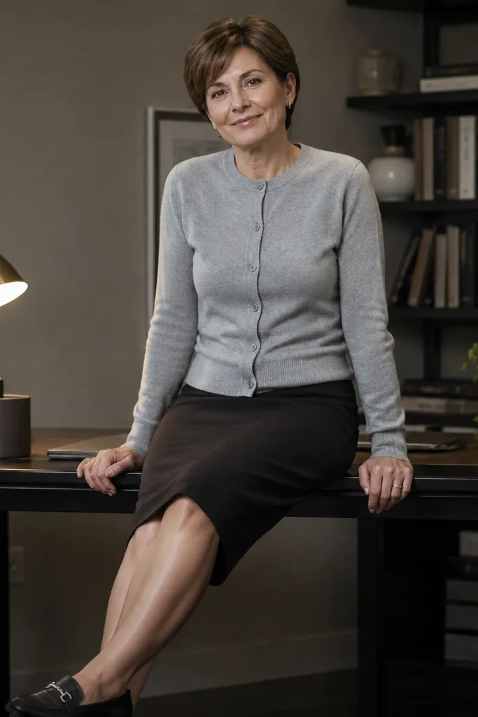Light gray button-front sweater with black pencil skirt and loafers